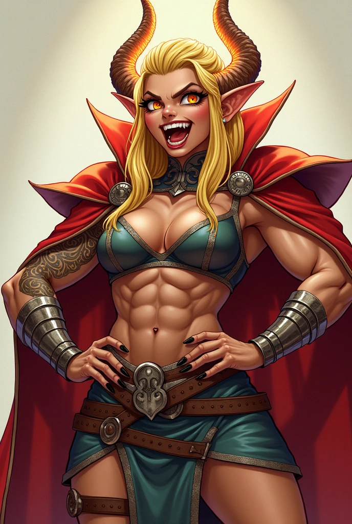 A blonde elf with an undercut haircut and long ears and extremely muscular, a warrior with huge muscles, white clothes she wears an imperial uniform showing her strength of the white color, your corneas eyes are of a flaming dragon, undercut haircut on the shaved part of the hair with a dragon design, She has horns that come out from behind her skull and go forward like a crown., has clenched teeth, She wears a giant red cape with a high collar and is very flashy., His muscular arms show prominent veins, highlighting his physical strength., Maori tattoos up to the forearm, has claws instead of nails, is laughing with his mouth open in a villainous pose. Extremely muscular woman. voluptuous. Art drawing Cartoon 2D. Size 1920x1080 
