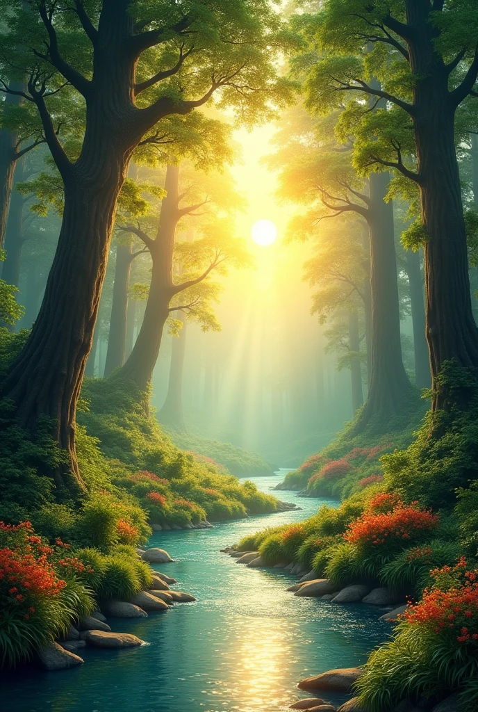 Beautiful forest with river and sun