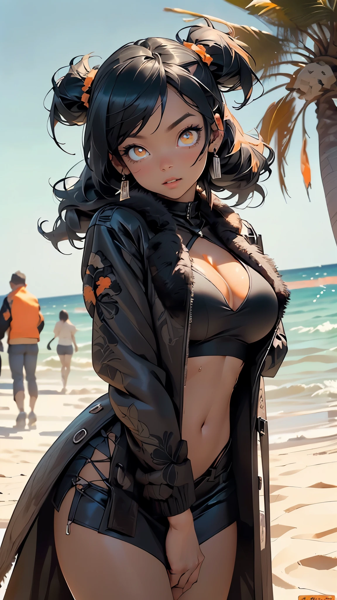 girl,1girl,
(large breasts:1.5),((Ebony dark skin, very deep ebony skin)),((carbon black skin)),((her beauty is undeniable)),((excited cute face)),((hyper detailed perfect eyes)),((carbon dark black skin)),((wet soaked puff massive giant huge pigtail afro,colored inner hair)),(((orange_eyes:1.3))),intricate eyes,beautiful detailed eyes,symmetrical eyes,((((tan,dark skin:1.3,black skin:1.35,dark-skinned_female,dark skin:1.3,ebony skin:1.3,lustrous skin:1.5,bright skin: 1.5,shiny skin,very shiny skin,shiny body)))),(spider lower abdomen,narrow waist,wide hip,athletic body,inflated legs,thick thighs),(((detailed face))),beautiful detailed lips,(((black race:1.2))),
(cute,slutty,sensual,seductive look,seductive,sexy,((erotic)),((nsfw)),
((tanktop,navel)),revealing clothing,show skin,((fleece snow coat)),major cleavage,(((Sexy black fur coat, black fur coat outfit, wearing a black fur coat:1.3,black winter coat))),(((black coat,intricate coat,intricate coat,embroidered coat,ornate coat,embroidered coat,ornate coat))),
(cute pose:1.0),(centered,scale to fit dimensions,Rule of thirds),
outdoor,((beach rave party)),scenery:1.25,((intricate scenery)),((beach rave party background)),beach rave party atmosphere,Summer beach party,sand,beach party behind,harmonized orange sunset adding to the atmosphere of a summer beach party,beach party atmosphere,Boom festival,European rave,Cytorance festival,time golden,Ozora festival,sea,horizon,palm,palm trees,Christmas lights,
(Glossy rave ornaments),highres,sharp focus,(ultra detailed,extremely detailed),(photorealistic artwork:1.37),(extremely detailed CG unity 8k wallpaper),(((vibrant colors,vibrant theme))),(intricate),(masterpiece),(best quality),artistic photography,(photography taken by sldr),(intricate background),perfect rendered face,perfect face details,realistic face,photo realistic,((intricate detail)),(((realism))),