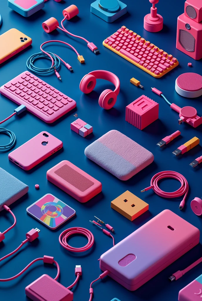 brightly colored image that has phone accessories, such as chargers, USB cables, headphones, keyboards, mice, speakers, phone cases, laptop cooling trays, dark blue in tone and that everything is related to Android and that is not so realistic