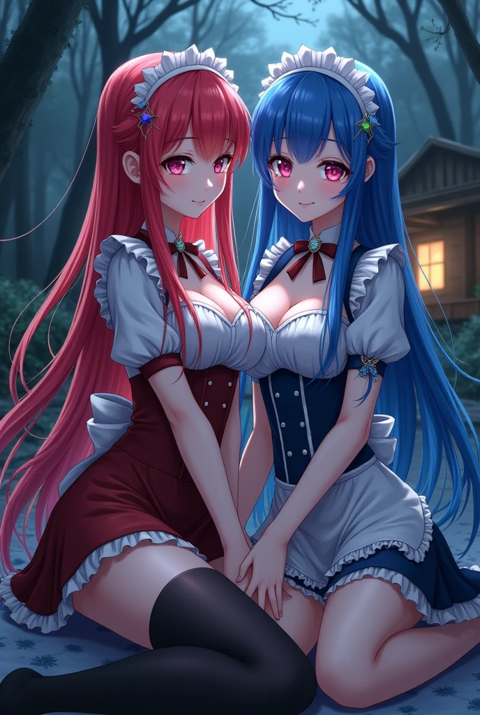 Ram and Rem anime, sexy, , the forest, twilight, girl on the right red hair, girl on the left blue hair, , long hair, hair pins, maid headdress, effects, stockings, big breasts, House in the background,