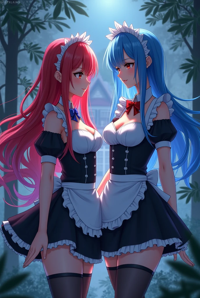 Ram and Rem anime, sexy, , the forest, twilight, girl on the right red hair, girl on the left blue hair, , long hair, hair pins, maid headdress, effects, stockings, big breasts, House in the background, 