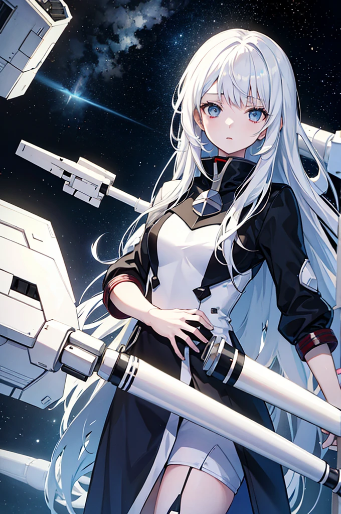 White hair，Girl，Space battleship，Gloomy environment，Masterpiece，high quality