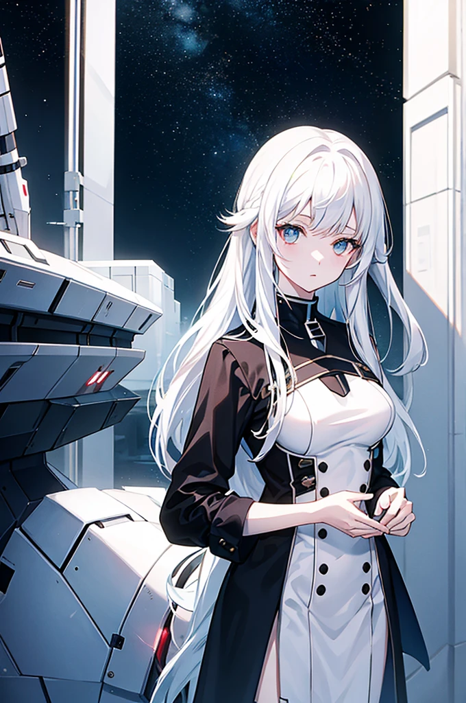 White hair，Girl，Space battleship，Gloomy environment，Masterpiece，high quality