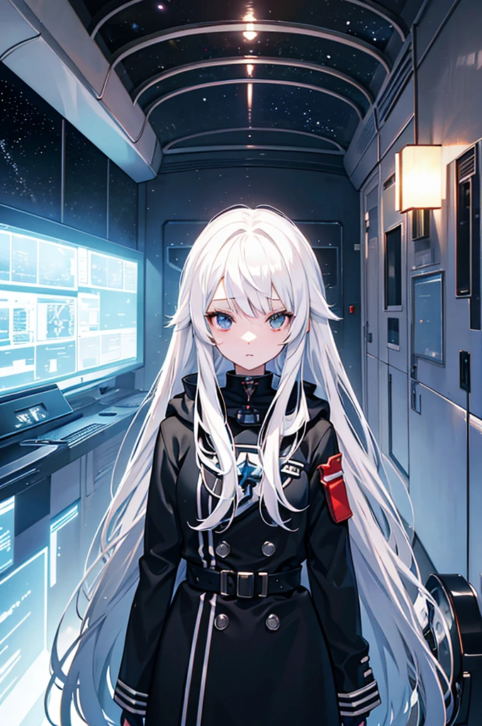 White hair，Girl，Space battleship，Gloomy environment，Masterpiece，high quality