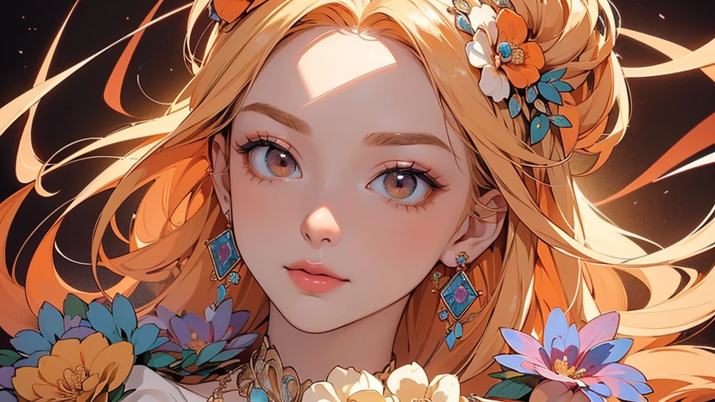 32K, 最高quality, 最高masterpiece, (ultra-Detailed Background, Detailed Background), High resolution, Super detailed, Very detailedな, 1 personの, (bouquet:1.3), (Tangled:1.2), (Geometric:1.2),(colorful),(masterpiece, quality, best quality, Official Art, Beautiful and beautiful:1.2), (1 person:1.3), Very detailed,(colorful:1.1)(Flowers:1.3),Most detailed,(Tangled:1.2), whole body, (Abstract background:1.3), (Skin glows), (Many colors:1.4), ,(Earrings Jewelry:1.5), Pale Orange Background, Gradation, It's imaginative., Flaxen Hair,