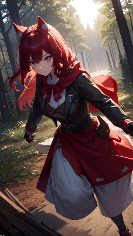 A cute red hood girl and a huge wolf are fighting in a forest square, the girl is cutting away with a knife, fast and furious, the wolf is waiting with open arms, keeping an eye on the girl, the time of day is evening and the sunset is a little dazzling, super high quality, delicate, high quality, beautiful face, precise, fantastic atmosphere,