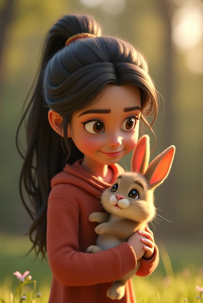 In 3D animation style "Meera gently lifting the scared rabbit into her arms, speaking soothing words. The rabbit begins to relax, feeling comforted by her warm embrace"