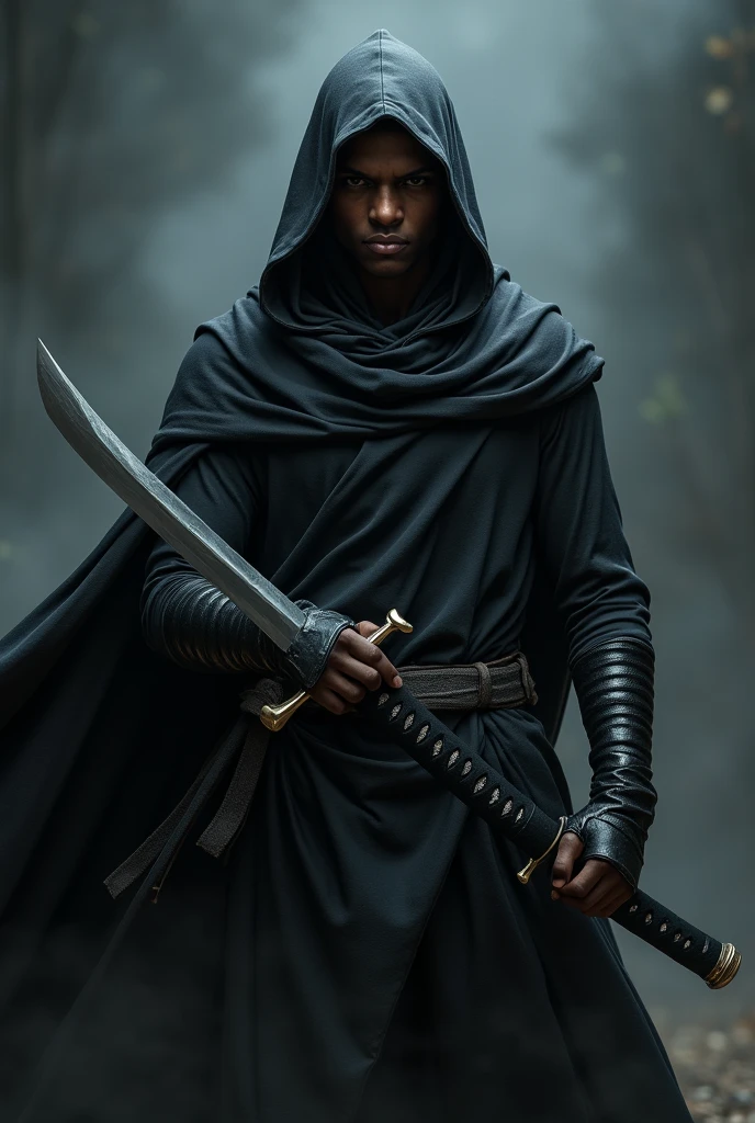 adolescent,black man holding a katana,with a dark cloak,staring straight ahead.