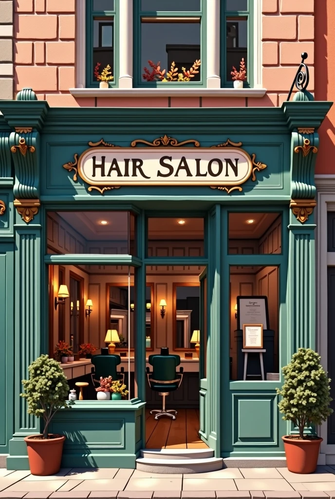 Drawing of the facade of a medium-sized hair salon in vintage style with a sign that says hair salon. The facade must be elegant and classic, window where you can see the chairs and mirror on the inside