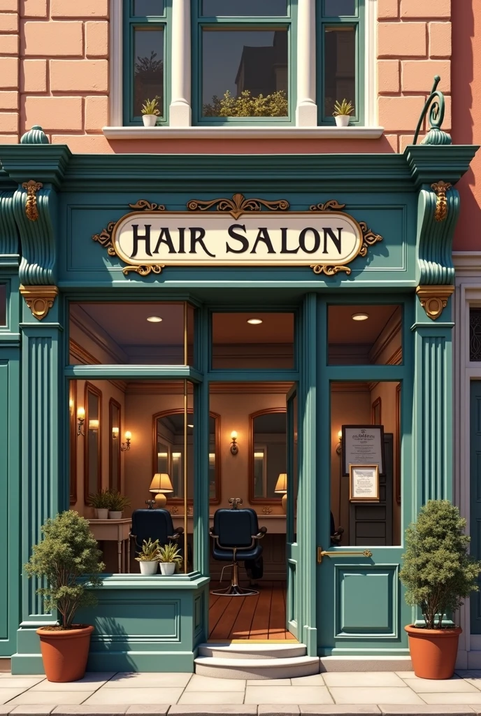 Drawing of the facade of a medium-sized hair salon in vintage style with a sign that says hair salon. The facade must be elegant and classic, window where you can see the chairs and mirror on the inside