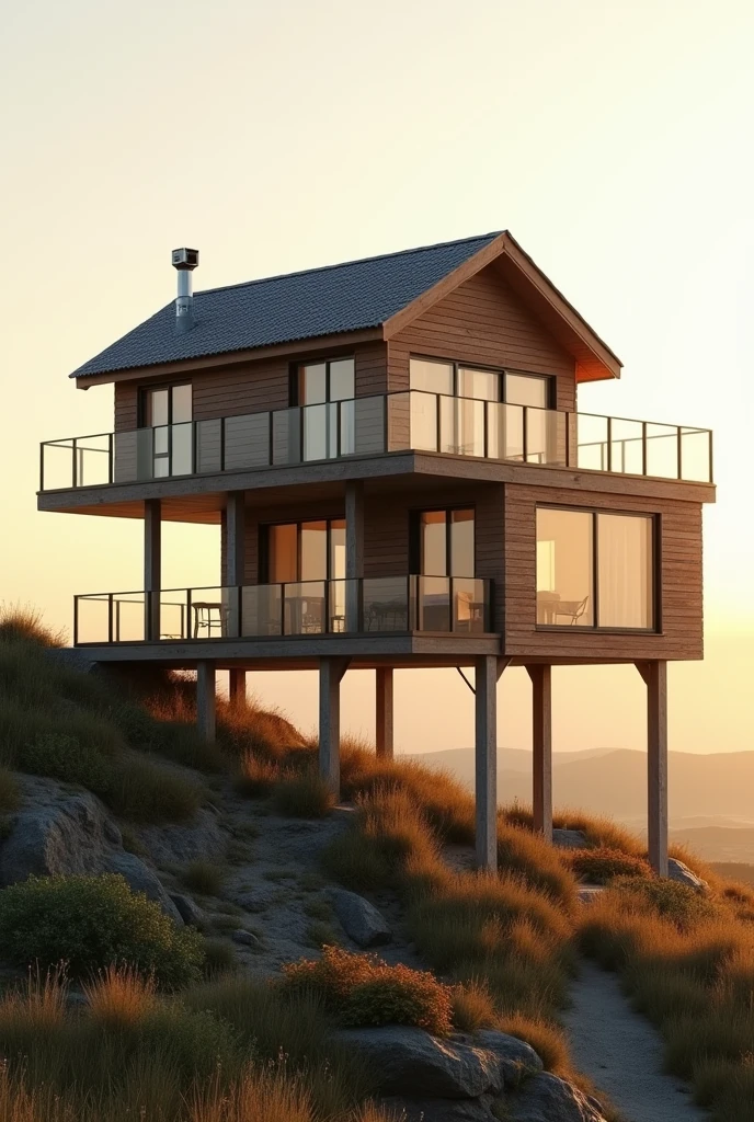 a 2-storey house assembled on stilts with new 3D technology, sharp 8k on the hillside in the early morning sunshine,