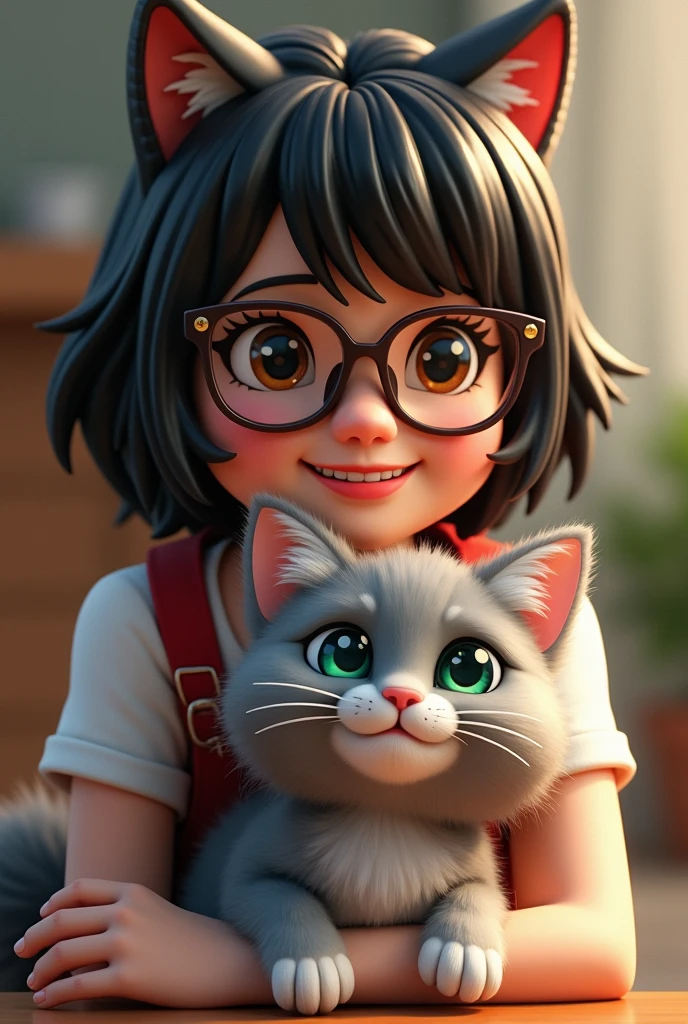 Create a young lego woman with not-so-long dark hair and light bangs, Wearing glasses , smiling with a long-haired gray cat with green eyes, Looking forward