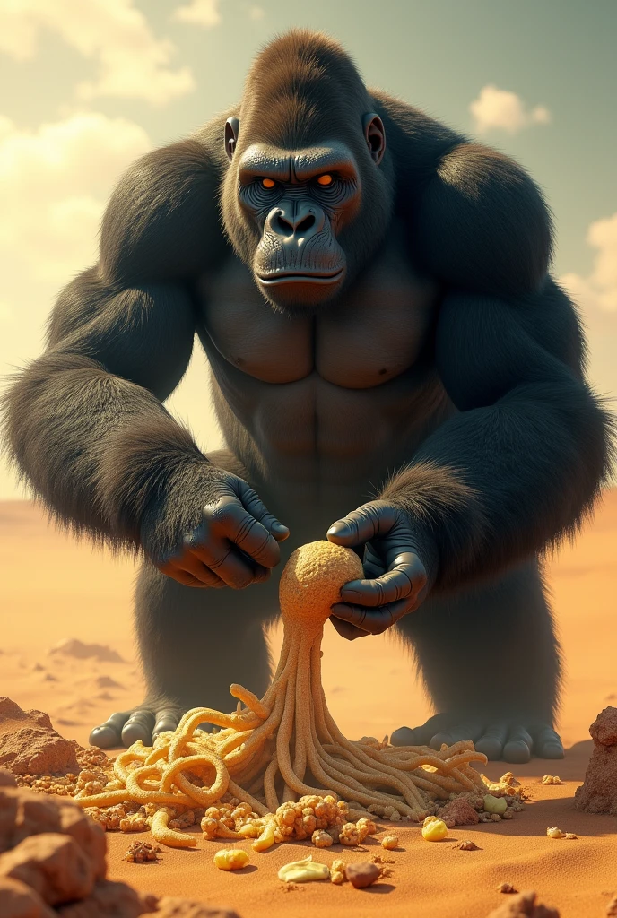 King Kong peeling cassava in the desert