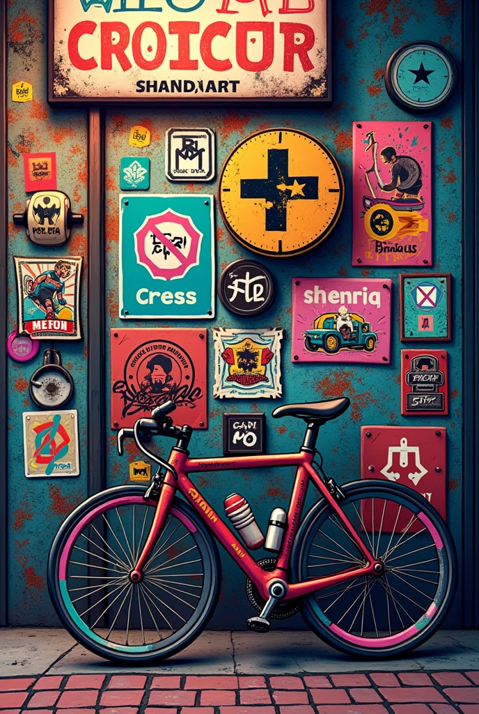 colorful graffiti stickers, rockstar style, crossfit symbols, bicycles, sports equipment, dynamic composition, vibrant colors, bold graphic design, detailed illustration, high quality digital art, photorealistic, (best quality,4k,8k,highres,masterpiece:1.2),ultra-detailed,(realistic,photorealistic,photo-realistic:1.37)