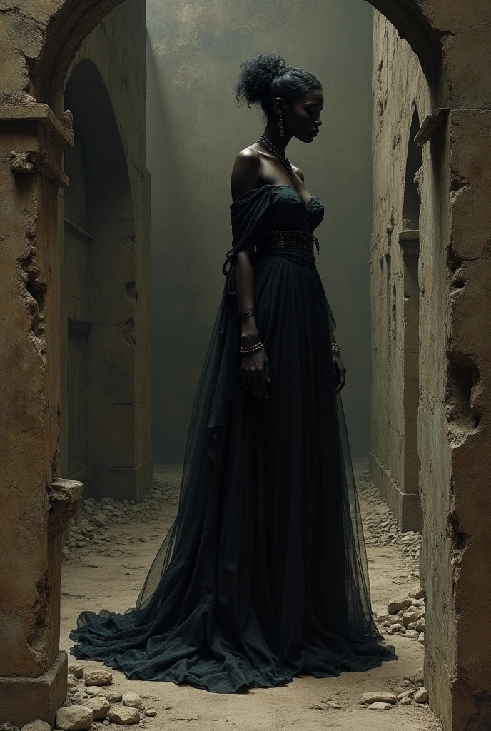 paint, illustration, surreal art, dreamlike, mysterious, provocative, Symbolic, complex, detailed, (Gothic style,:1.4), (masterpiece, of the highest quality:1.4) , Gustav Doré style, Johann Heinrich Füssli, John the Baptist Piranesi, beautiful black woman, detail textures,, Dark, ruins, Rothko,