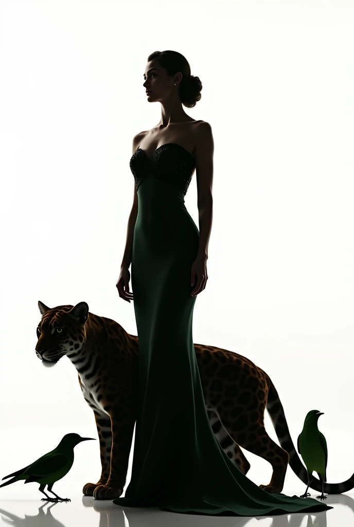 Silhouette of beauty queen on a white background decorated with jaguar and green bird, coctail dress