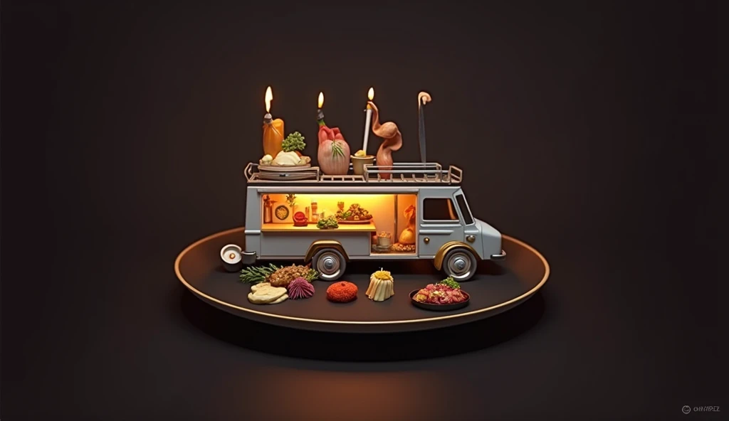 A 5 star restaurant food in a plate,in the table of food truck realistic