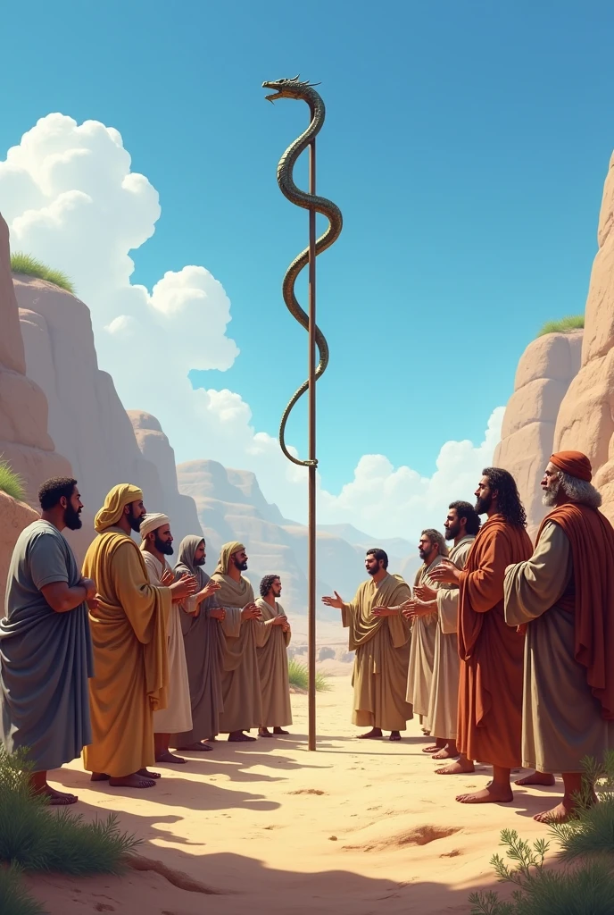 People of Israel contemplating and admiring the stick with the snake