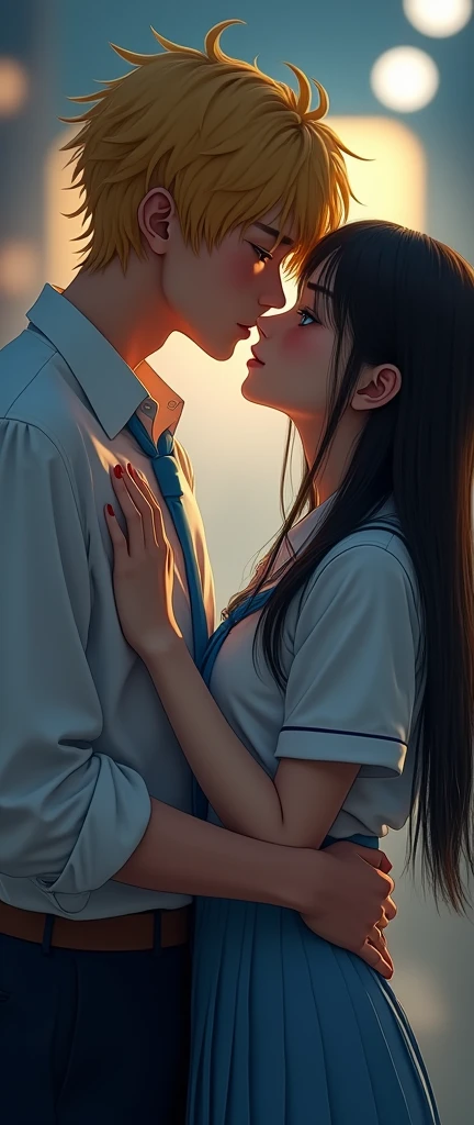 (32K:1.9, Realistic:1.9, Highest quality, masterpiece, Ultra-high resolution), Perfect dynamic composition:1.3, Highly detailed skin and facial textures:1.3, Cute sexy slim Japanese girl, ((Slim man, Height about 180cm)), (They both close their eyes, A man carries a woman in his arms:1.3, to kiss:1.4), Fair skin, ((Clarity:1.1)), (The guy has a great uniform:1.3, Bright yellow hair, beautiful目:1.3), (The woman is wearing a uniform with a light blue tie..:1.3, Straight black hair.:1.3, smile:0.9, A man completely charms a woman:0.9, beautiful Blue Eyes, beautiful, Clear Eyes:0.8), Sexy Face:0.4, blush:1.1, (beautifulエロティシズムを醸し出す雰囲気:0.8), Professional random camera work, Cinematic Lighting Effects, (Full Body Shot), (Too erotic), romantic, mysterious, Object of admiration, original, dramatic, artistic, Innovative, charm, Heartful, Fancy, Tilt, sense of loss, special, exciting, Extreme, sense of openness, joy, joyの表現, ((若さのcharm, 女性的なcharm))