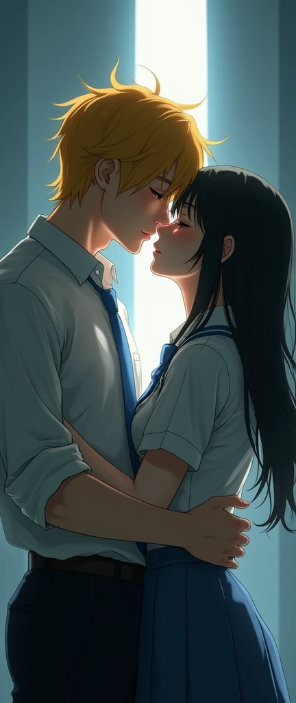 (32K:1.9, Realistic:1.9, Highest quality, masterpiece, Ultra-high resolution), Perfect dynamic composition:1.3, Highly detailed skin and facial textures:1.3, Cute sexy slim Japanese schoolgirl, ((Slim man, Height about 180cm)), (They both close their eyes, A man carries a woman in his arms:1.3, to kiss:1.4), Fair skin, ((Clarity:1.1)), (The guy has a great uniform:1.3, Bright yellow hair, beautiful目:1.3), (The woman is wearing a uniform with a light blue tie..:1.3, Straight black hair.:1.3, smile:0.9, A man completely charms a woman:0.9, beautiful Blue Eyes, beautiful, Clear Eyes:0.8), Sexy Face:0.4, blush:1.1, (beautifulエロティシズムを醸し出す雰囲気:0.8), Professional random camera work, Cinematic Lighting Effects, (Full Body Shot), (Too erotic), romantic, mysterious, Object of admiration, original, dramatic, artistic, Innovative, charm, Heartful, Fancy, Tilt, sense of loss, special, exciting, Extreme, sense of openness, joy, joyの表現, ((若さのcharm, 女性的なcharm))