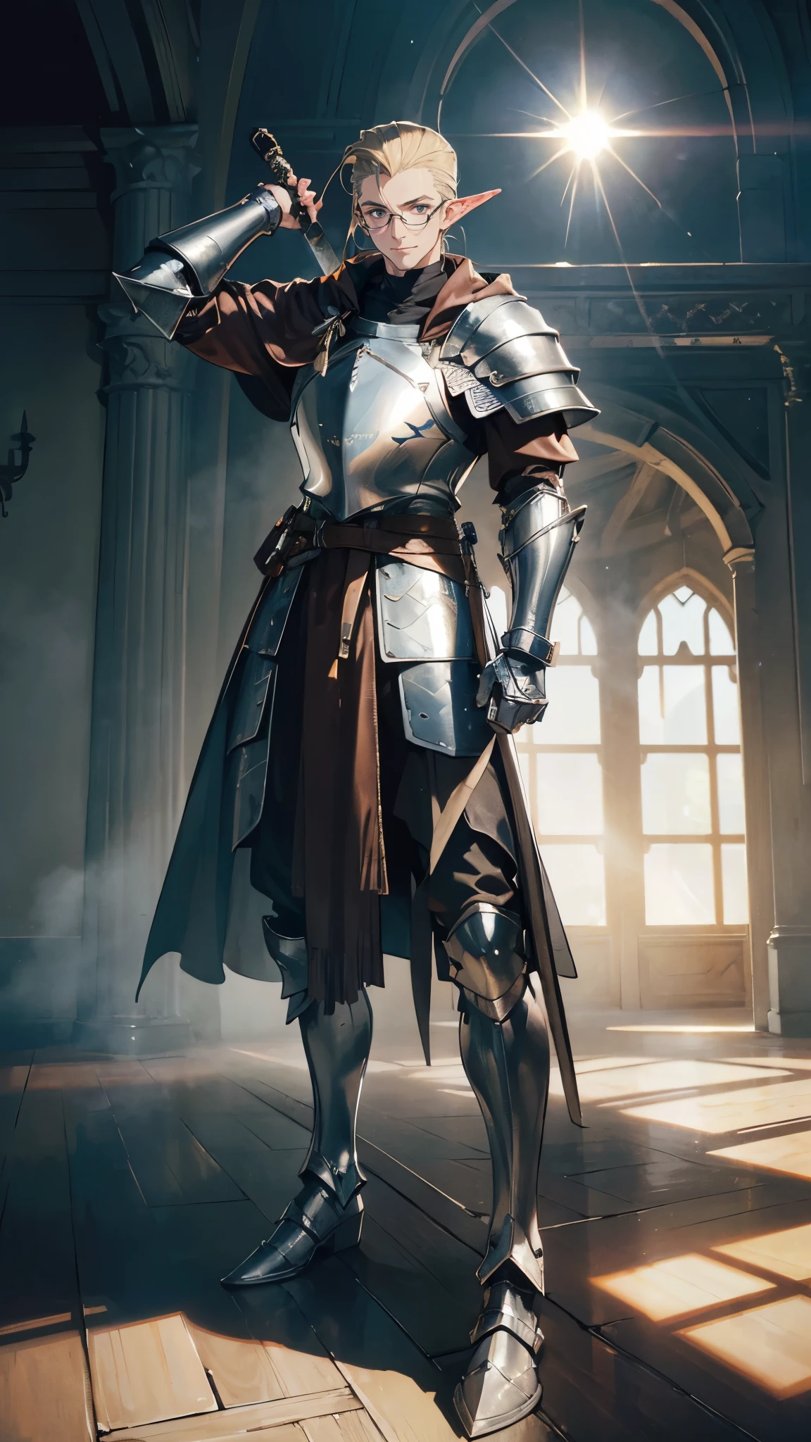 (((((male))))), masterpiece, ultra detailed, 8K Portrait, Raw photo, man's portrait photography, Highly detailed face, beautiful and meticulous eyes, ((Fantasy)), 3 (((man))), (((Male body))), elf, 190 cm, tall, Glasses, ((Blonde)) Ponytail (((slick back hair))), Kind face, Smile, adventurer, Hooded (((Dark brown silk long cloak))) Fluttering in the wind, (((Male White Plate Armor))), Leather boots, Holding a long magic sword, Midday Sun, Hyper realistic, Strong body, Long legs, in a castle, Ambient lighting, Shadow details , Camera focus on face, strong breeze, Light fog