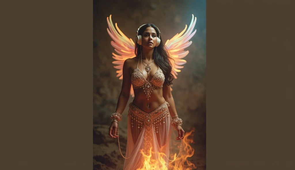 create (Sonam Kapoor) in Full body photography of the most beautiful artwork in the world, wearing a headphone. , a beautiful woman in intricate costume burning in the desert, rainbow colors, ArtStation, CGSociety, complex, high detail, clear focus, dramatic, realistic pictorial art trends Greg Rutkovsky, rave, trance festival, trance, music festival, psycho, psychedelic.