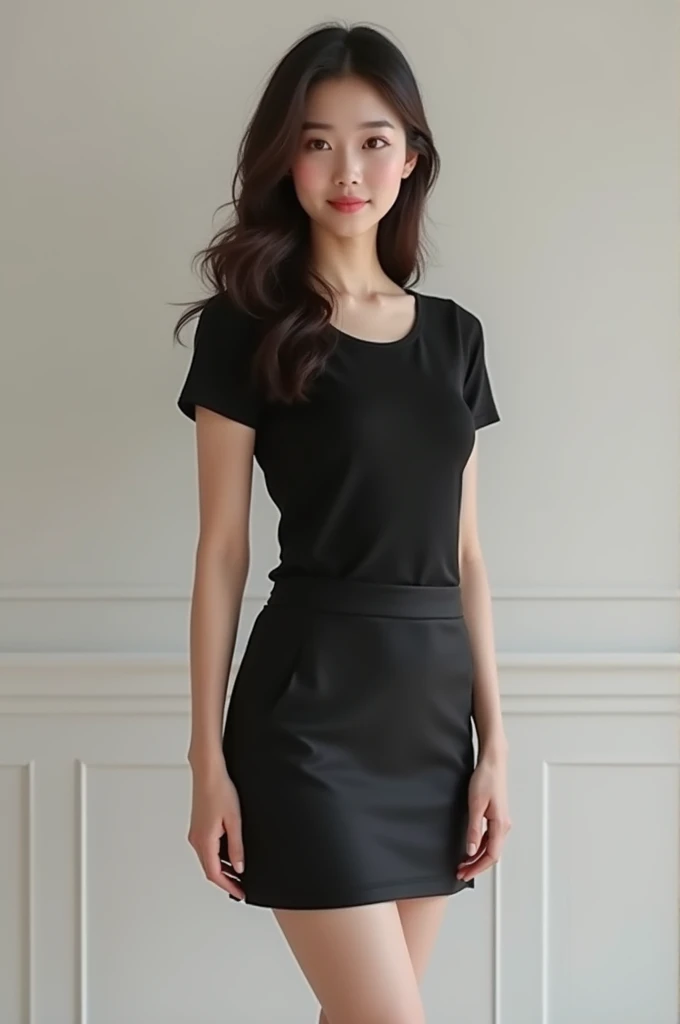 A beautiful korean woman, cute body, smiling, standing, big breasts, black skirt,black t-shirt 
