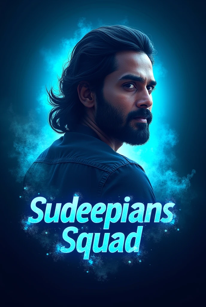 Create a logo named sudeepians squad and add kiccha sudeep pic inside that make glowing sea blue color 
