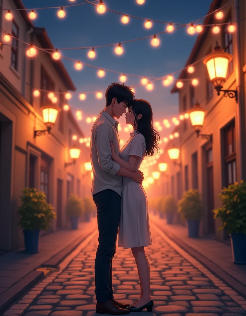 Create a anime style landscape image. Romantic, cinematic-style photograph featuring a couple standing in the middle of a cobblestone street at night. The layout is vertical, with the couple centrally positioned under a canopy of glowing string lights that create a dreamy atmosphere. The man, with short dark hair, is wearing a light-colored shirt and dark pants, while the woman, with long dark hair, is dressed in a light, knee-length dress. They are embracing each other closely, with their foreheads touching, creating an intimate and tender moment. The background is softly blurred, with warm street lamps lining the sides of the street, enhancing the romantic ambiance.