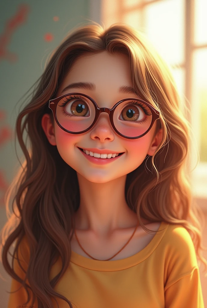 A cheerful, fair-skinned, long-haired girl with glasses
