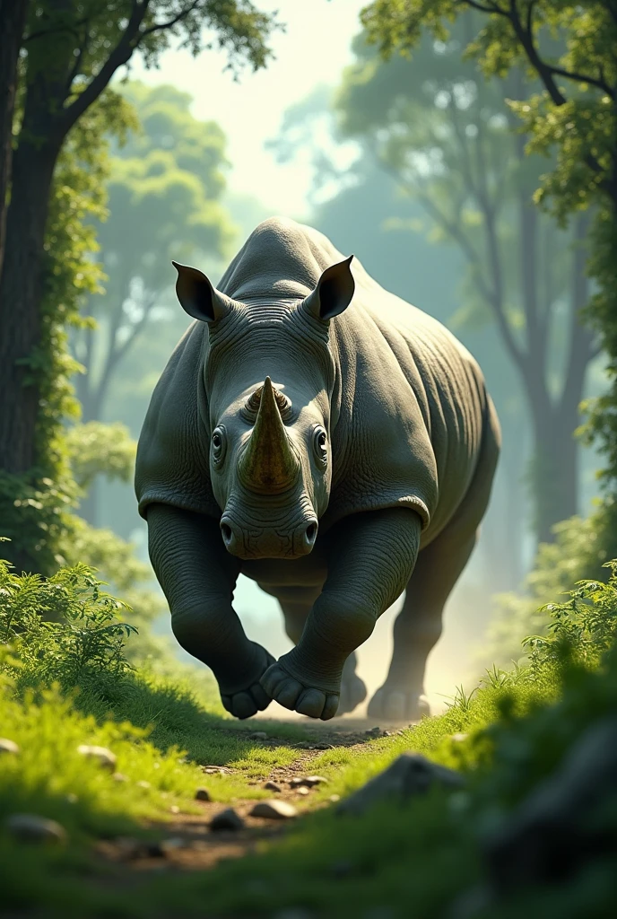 Rhino running away, greenery background 