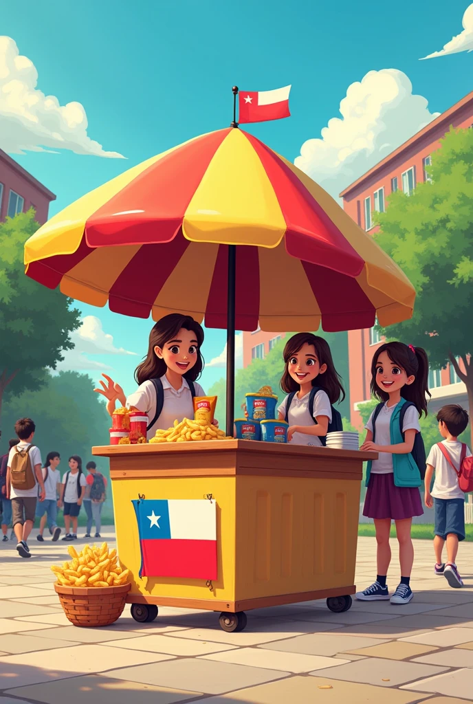School potato chip stand under a canopy with a Chilean flag