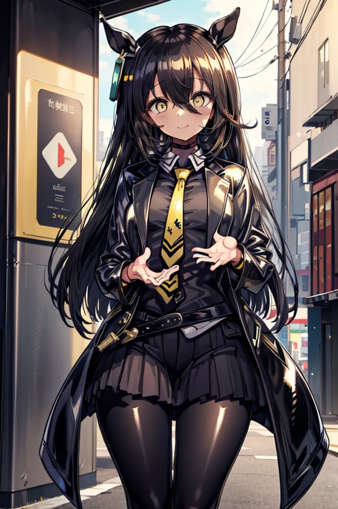 masterpiece, Highest quality:1.2), Manhattan Cafe(umamusume), One Woman, alone,Glowing Skin、Yellow Eyes、Eyes without highlights、Thick legs、Are standing、Cowboy Shot、smile、((latex))、Shiny black skirt, A shiny, black business shirt、Shiny yellow tie, Glossy black jacket,pantyhose、