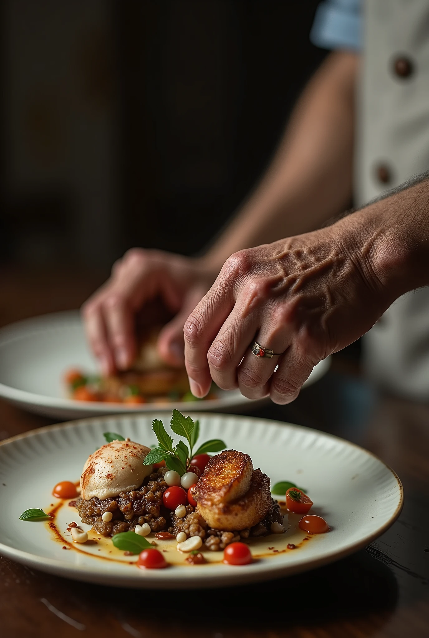 Old man hand with holding a plate of 5 star restaurant food,Realistic Digital art