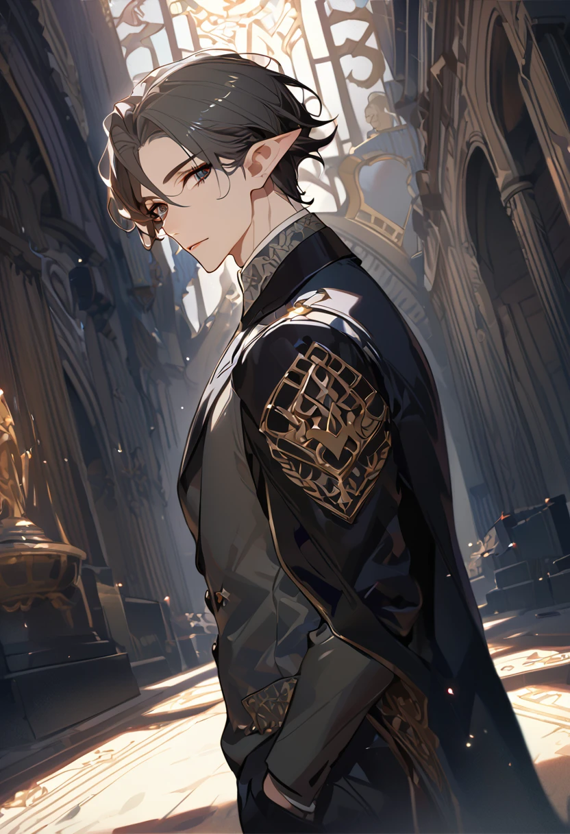 masterpiece, best quality, 8k ,4k , 1 male, elf, long ears elf, dark grayish hair, dark greenish eyes, hair ornament, finely detailed eyes and detailed face, looking at viewer, from side, meticulous clothes, formal clothes, combination of white and black coat, half cape by the shoulders, patterned clothes, majestic looks, sharp looks, shadows, inspired by Asukaziye artist : ask, art style : ask