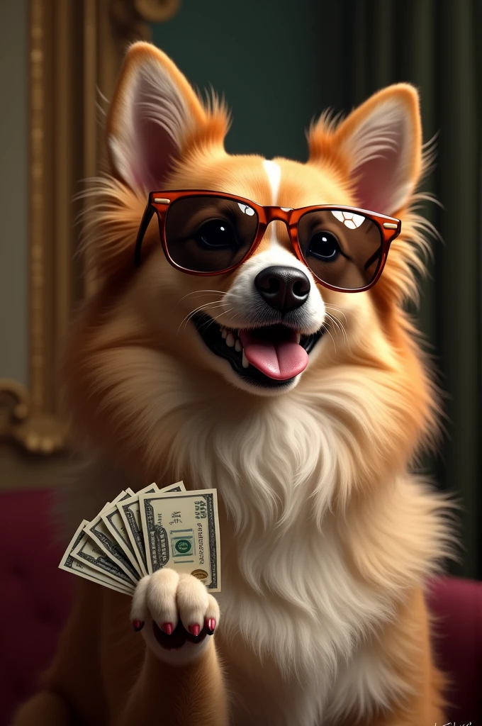 very rich dog with sunglass and money one hand