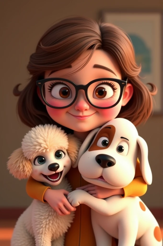 Disney Pixar A 3d toon cartoon of a chubby 30-something girl with big glasses and tender eyes, brown hair small nose nice smile, who hugs his dogs, a cute poodle puppy and a white dog with light brown eye patch and large brown spots on his body. Both dogs happy and cute.