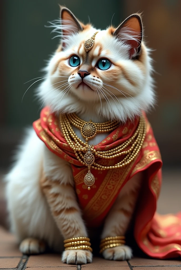 Excessive detail of a Himalayan cat wearing a sari, head jewelry and ear rings. Full body image as real as in real life. 