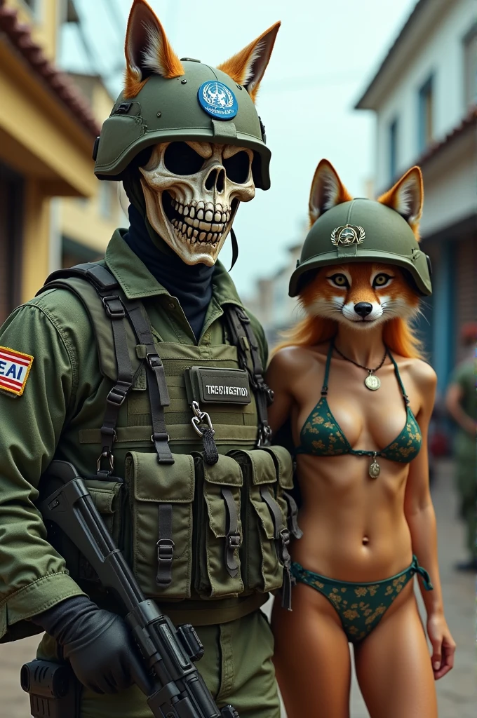 Brazilian soldier in skull mask with UN helmet accompanied by a furry fox in bikini with UN helmet on a peacekeeping mission in Haiti