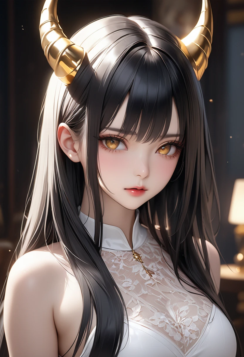 masterpiece, top quality, 8k, real person, realistic, very dense CG, shiny skin, Black Hair、Straight Hair、Shiny Hair、Delicate hair、A beautiful woman、Golden Eyes、White skin、White devil horns on head、Devil&#39;s Wings、Beautiful gold necklace with a large ruby、Gold earrings with rubies、Gold bracelet with rubies、sit、Leg spread、Masturbation、Sweaty、Spreading pussy、Black dress with gold trim,Low - Angle、nsfw、Pee、Peeing
