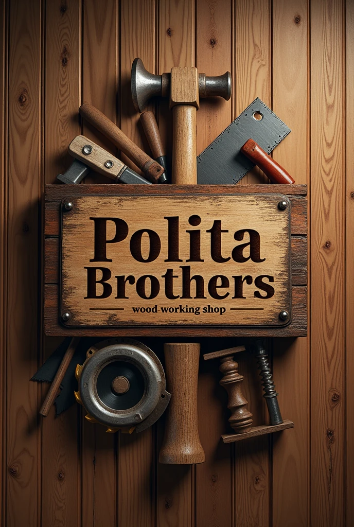 logo
joinery with engraved Polita Brother' s name
large in wood with the phrase wood working shop written below with hammer circular saw saw