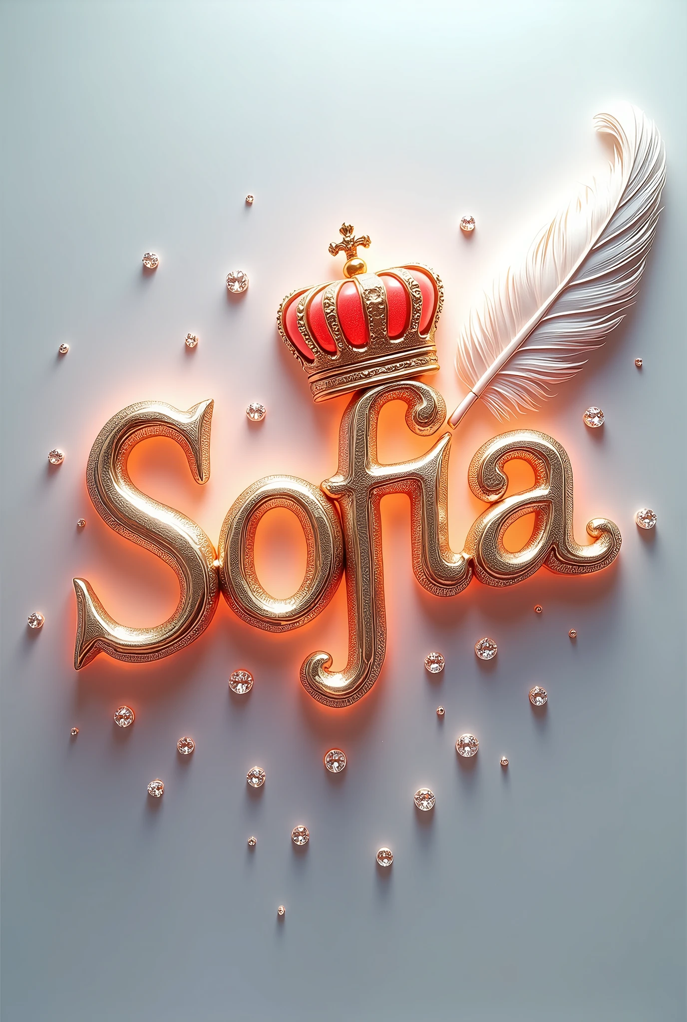 A mesmerizing 3D digital art masterpiece that captivates the viewer with its intricate design. The name,,Sofia, is prominently displayed in a striking font, adorned with a luxurious golden,red crown. A flowing feather gracefully follows behind, adding to the design's visual appeal. The name glows in vibrant colors such as silver, enhancing its breathtaking beauty. Warm silver lighting illuminates the design, creating depth and dimension, and delicate diamonds are strategically placed for added glamour. The pristine white background highlights the name, transforming the design into a truly fascinating piece. With its cinematicposter-like quality, this extraordinary work of art masterfully blends elements of dark fantasy, and 3D rendering, typography, and 3D rendering., architecture, typography