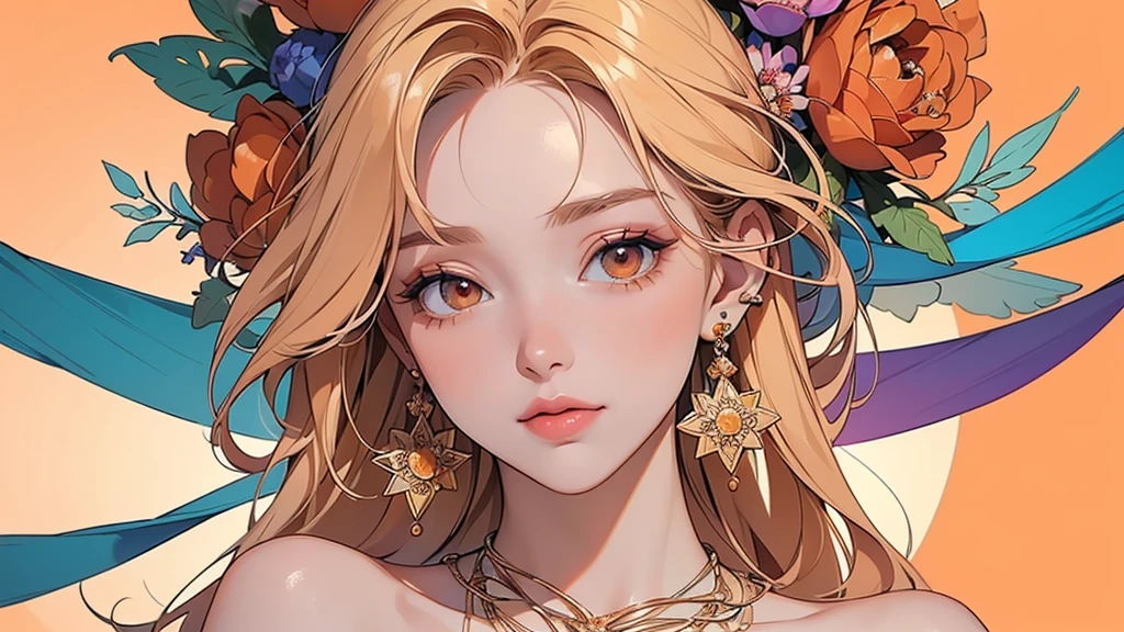 32K, 最高quality, 最高masterpiece, (ultra-Detailed Background, Detailed Background), High resolution, Super detailed, Very detailedな, 1 personの, (bouquet:1.3), (Tangled:1.2), (Geometric:1.2),(colorful),(masterpiece, quality, best quality, Official Art, Beautiful and beautiful:1.2), (1 person:1.3), Very detailed,(colorful:1.1)(Flowers:1.3),Most detailed,(Tangled:1.2), whole body, (Abstract background:1.3), (Skin glows), (Many colors:1.4), ,(Earrings Jewelry:1.5), Pale Orange Background, Gradation, It's imaginative., Flaxen Hair,