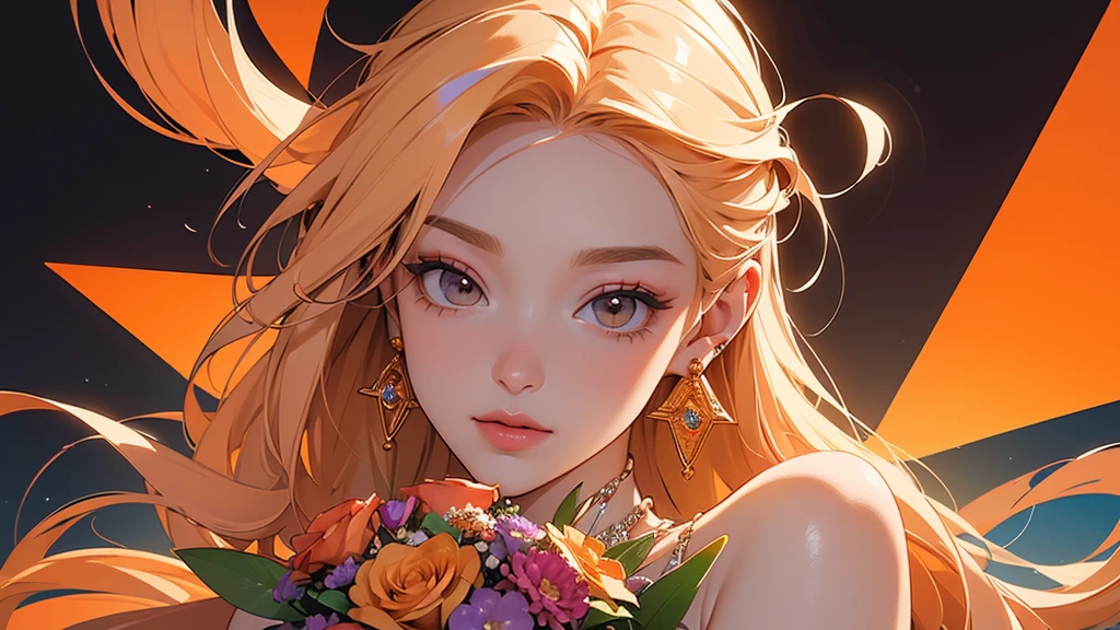 32K, 最高quality, 最高masterpiece, (ultra-Detailed Background, Detailed Background), High resolution, Super detailed, Very detailedな, 1 personの, (bouquet:1.3), (Tangled:1.2), (Geometric:1.2),(colorful),(masterpiece, quality, best quality, Official Art, Beautiful and beautiful:1.2), (1 person:1.3), Very detailed,(colorful:1.1)(Flowers:1.3),Most detailed,(Tangled:1.2), whole body, (Abstract background:1.3), (Skin glows), (Many colors:1.4), ,(Earrings Jewelry:1.5), Pale Orange Background, Gradation, It's imaginative., Flaxen Hair,