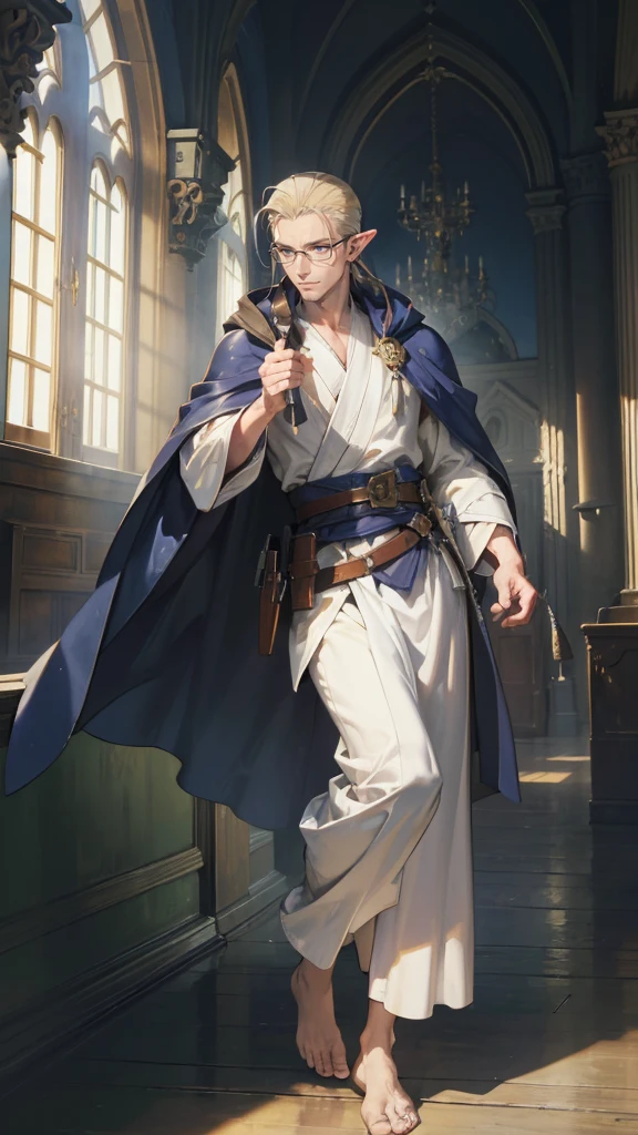(((((male))))), masterpiece, ultra detailed, 8K Portrait, Raw photo, man's portrait photography, Highly detailed face, beautiful and meticulous eyes, ((Fantasy)), 3 (((man))), (((Male body))), elf, 190 cm, tall, Glasses, ((Blonde)) Ponytail (((slick back hair))), Kind face, Smile, (((deep blue long cloak))) Fluttering in the wind, (((white long robe))), leather gaiters, Midday Sun, Hyper realistic, Strong body, Long legs, in a castle, Ambient lighting, Shadow details , Camera focus on face, strong breeze, Light fog