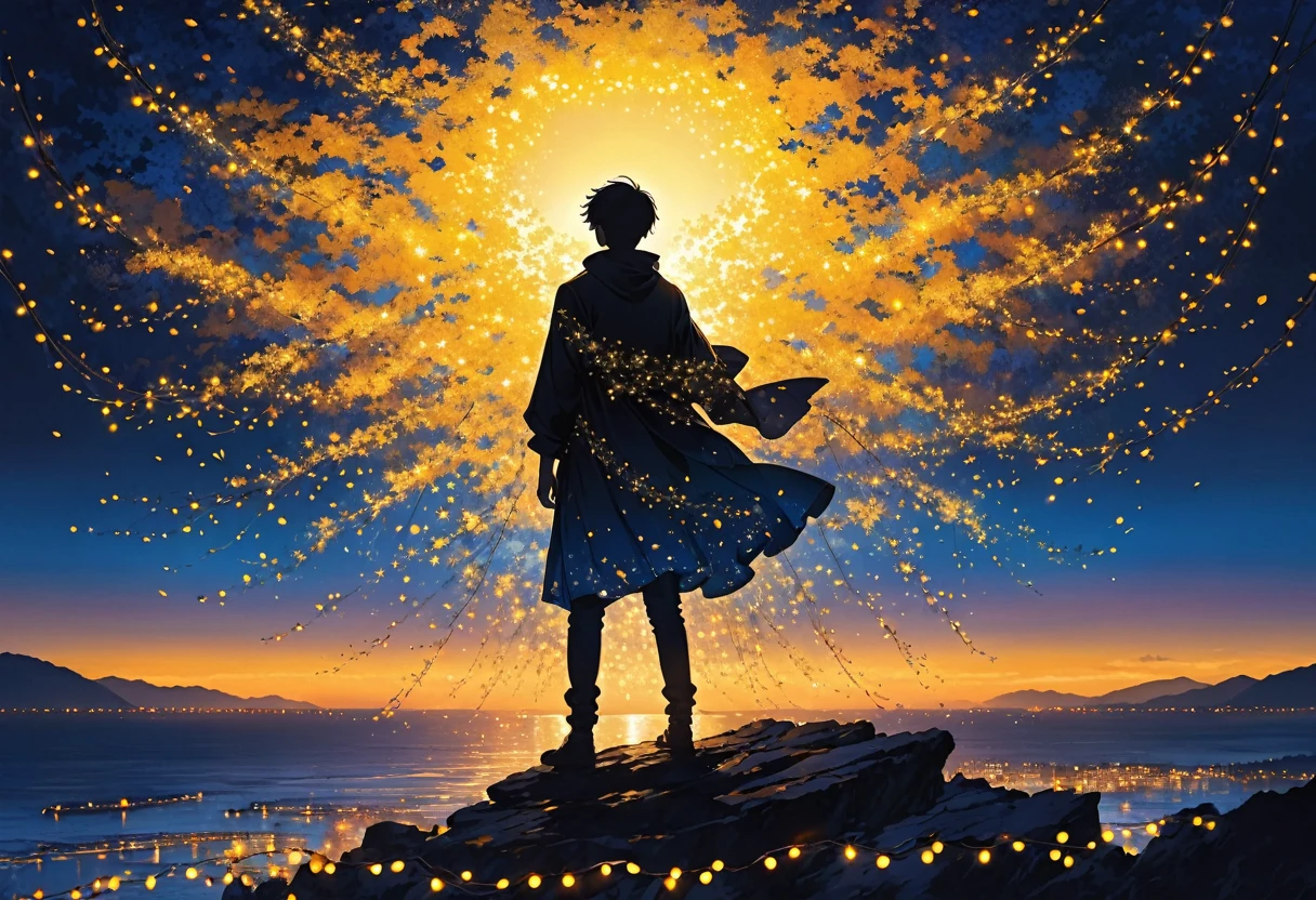 The image depicts the silhouette of a young man standing against a stunning sunset background. The sky transitions from a deep yellow near the horizon to a deep blue as it ascends. The person appears to be enveloped in a series of tiny glowing fairy lights, some of which are illuminated, creating a stunning and captivating contrast to the dark silhouette. The person appears to be holding out one arm, perhaps adjusting to or interacting with the lights. The overall mood of the image is peaceful and magical.