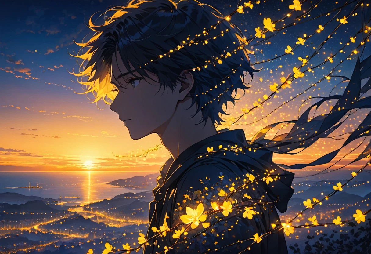 The image depicts the silhouette of a young man standing against a stunning sunset background. The sky transitions from a deep yellow near the horizon to a deep blue as it ascends. The person appears to be enveloped in a series of tiny glowing fairy lights, some of which are illuminated, creating a stunning and captivating contrast to the dark silhouette. The person appears to be holding out one arm, perhaps adjusting to or interacting with the lights. The overall mood of the image is peaceful and magical.