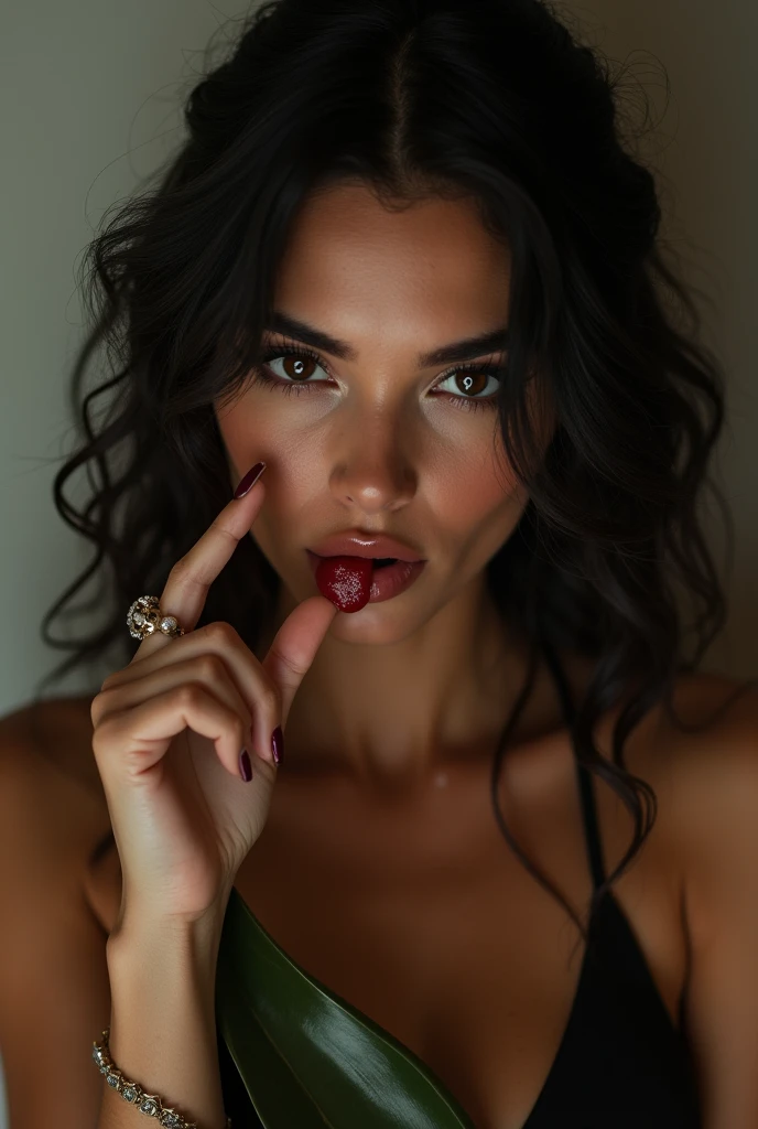 An image with a finger in the mouth smearing it with saliva while holding some leaves or files in the hands . Put the image with a beautiful Latina woman