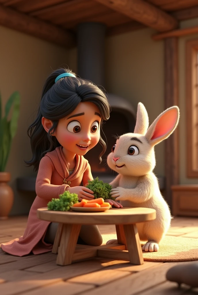 In 3D animation style "Inside a cozy, rustic village house, Meera is feeding the rabbit fresh carrots and leafy greens at a small wooden table. The rabbit is nibbling happily while Meera watches with a smile"